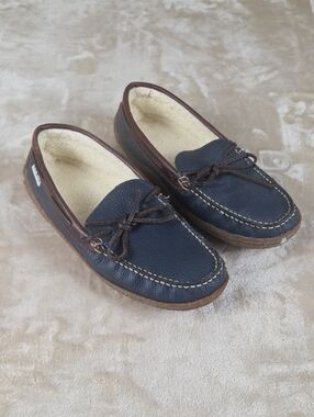 L.L. Bean Navy Leather Moccasin Slippers with Brown Trim